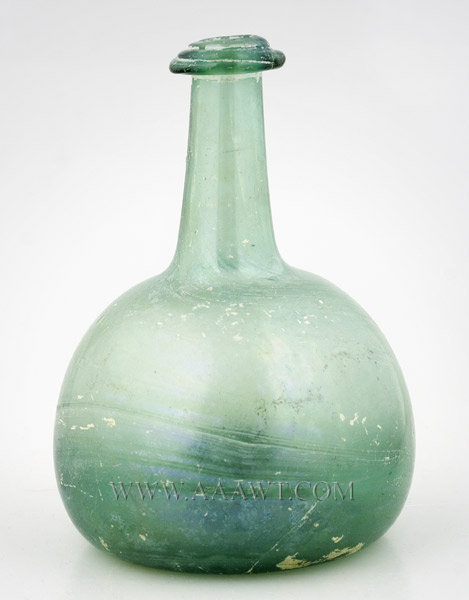 Blown Glass Utility Bottle, Onion Shape, Aquamarine, 4.5'' Rare Example
Probably Germany
Circa 1720, entire view